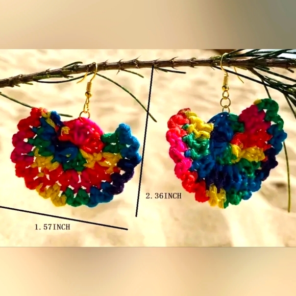 Handmade Crochet Multicolor Dangle Fan Earrings - Picture 3 of 4